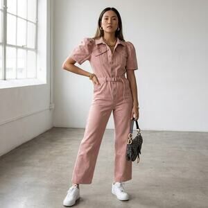 Sea NY Corbin Pink Short Sleeve Long Denim Jumpsuit, Size 10